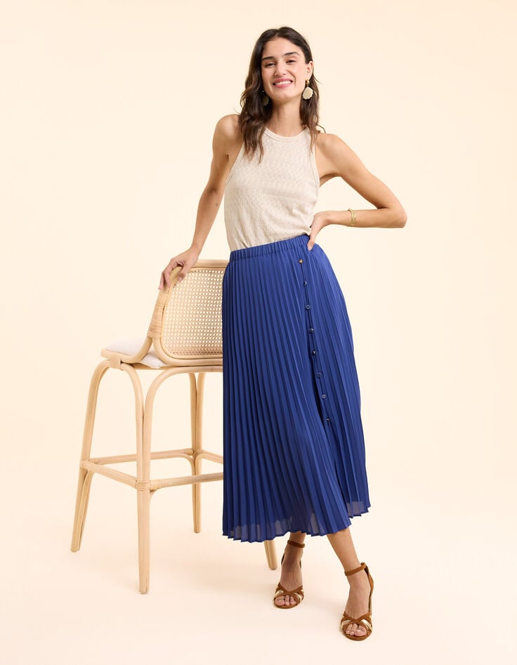 ikks Jupe longue bleue plissée boutons côtés I.Code