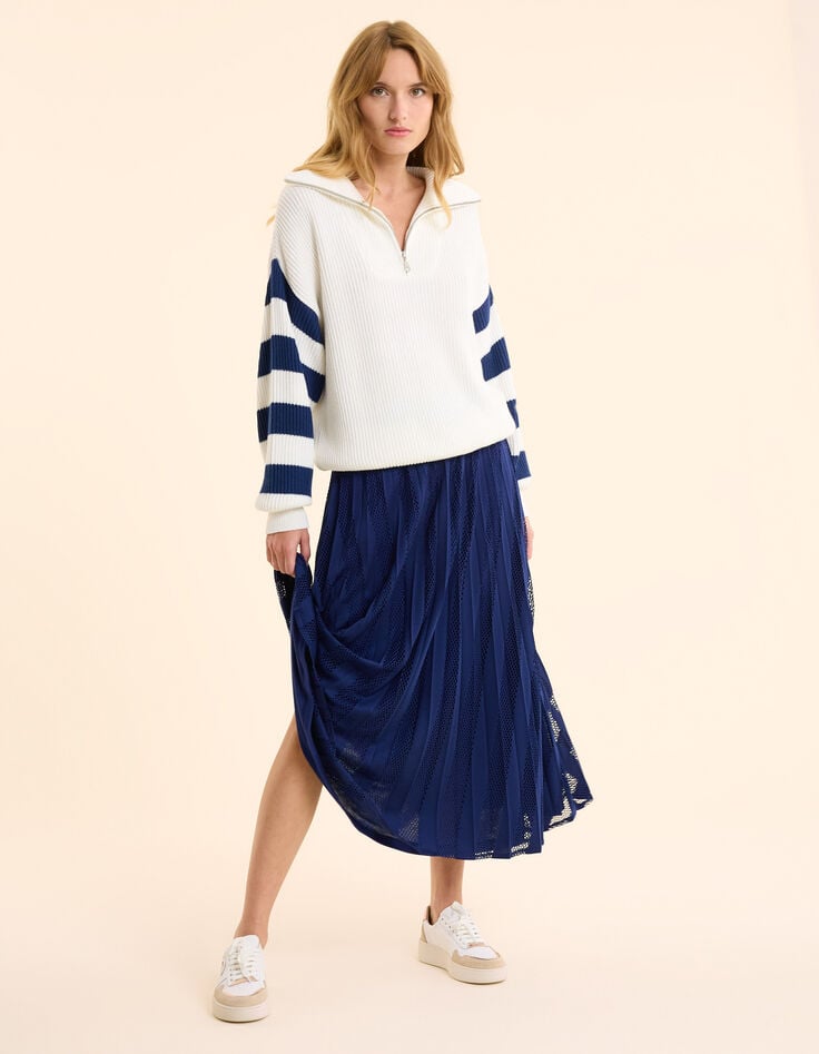 Ikks Jupe Longue Indigo Plissée Rayures Ajourées I.Code
