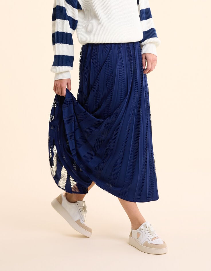 Ikks Jupe Longue Indigo Plissée Rayures Ajourées I.Code