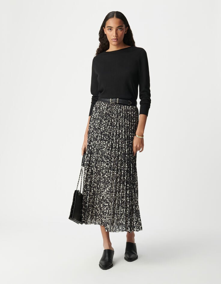 ikks Jupe longue plissée noire imprimé minimal flower Femme