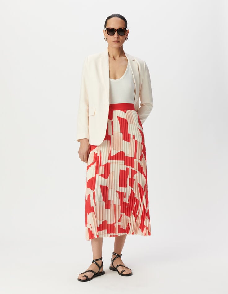 ikks Jupe longue rouge plissée imprimé géométrique Femme