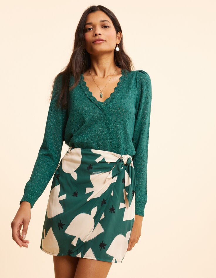 Ikks Jupe Portefeuille Verte Imprimé Maxi Oiseaux I.Code