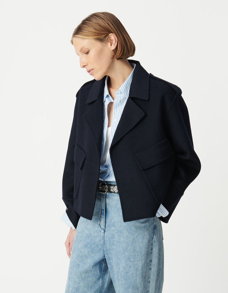 Ikks Manteau Court Marine En Laine Sans Fermeture Femme