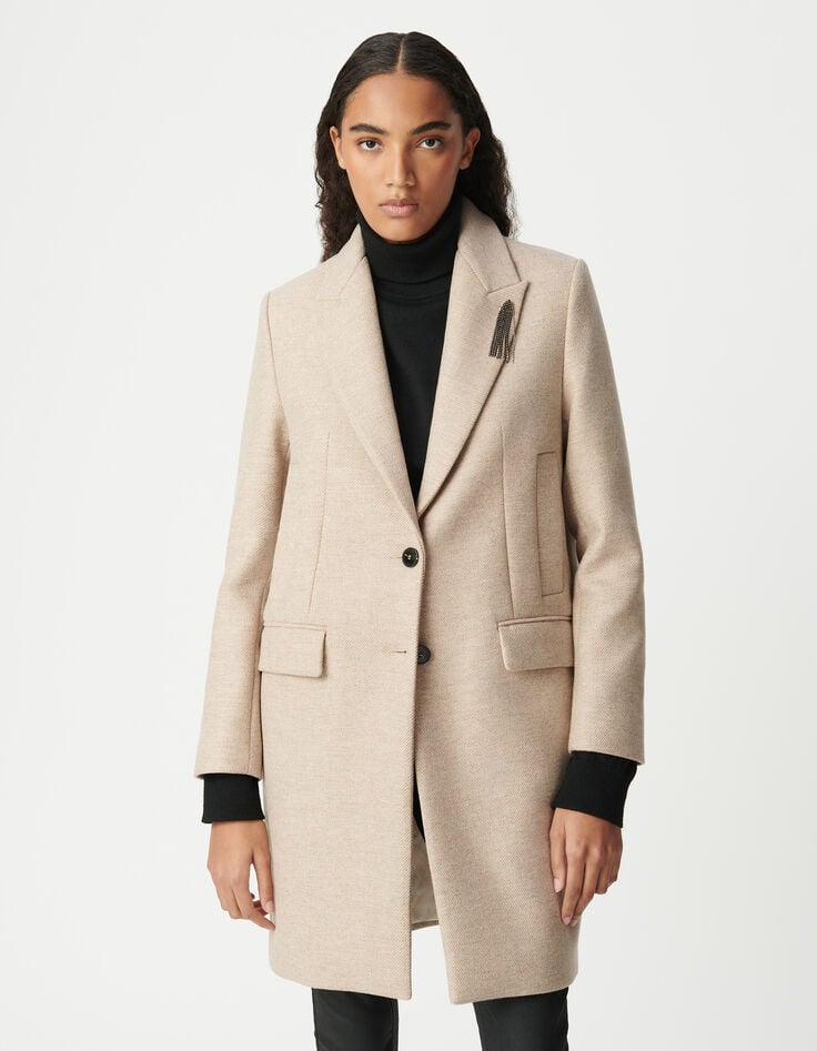 Ikks Manteau Droit Sésame Décor Broche Strass Femme