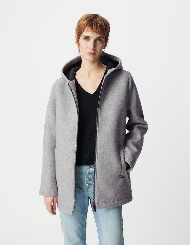 Ikks Manteau Gris à Capuche Lainage Esprit Flanelle Femme