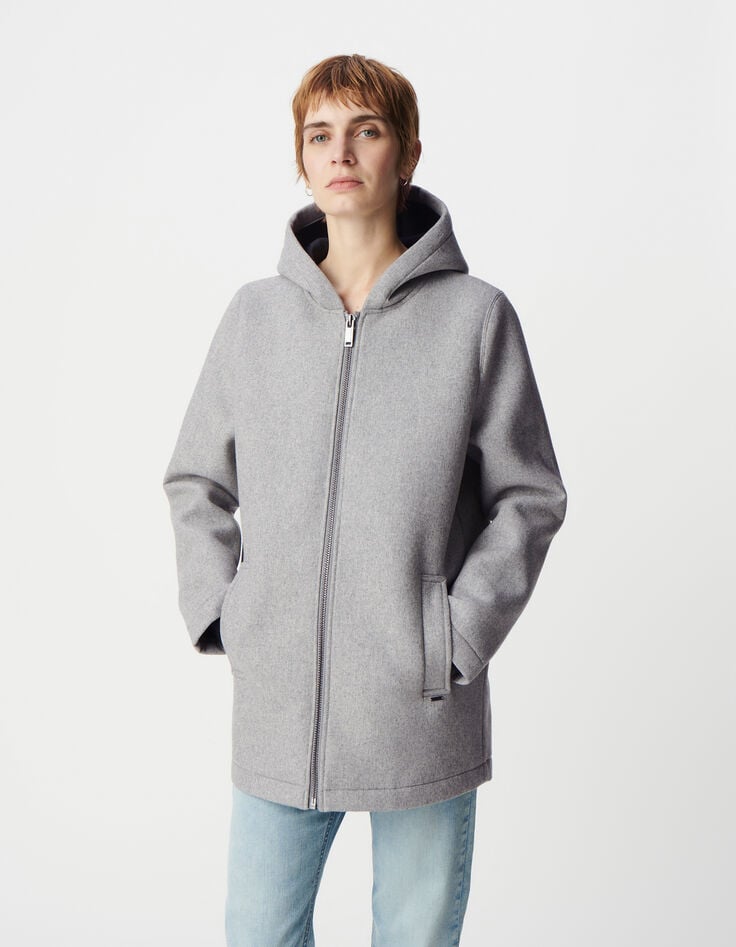 Ikks Manteau Gris à Capuche Lainage Esprit Flanelle Femme