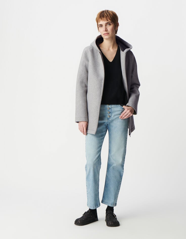 ikks Manteau gris à capuche lainage esprit flanelle Femme