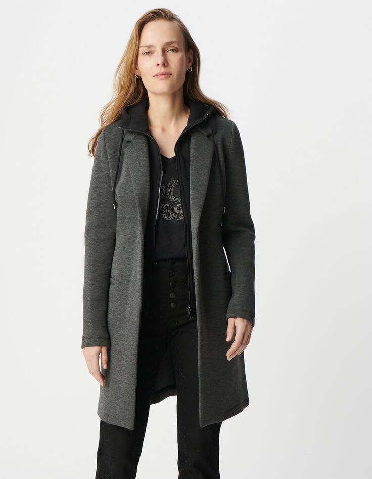Ikks Manteau Long En Néoprène Et Capuche Amovible Femme