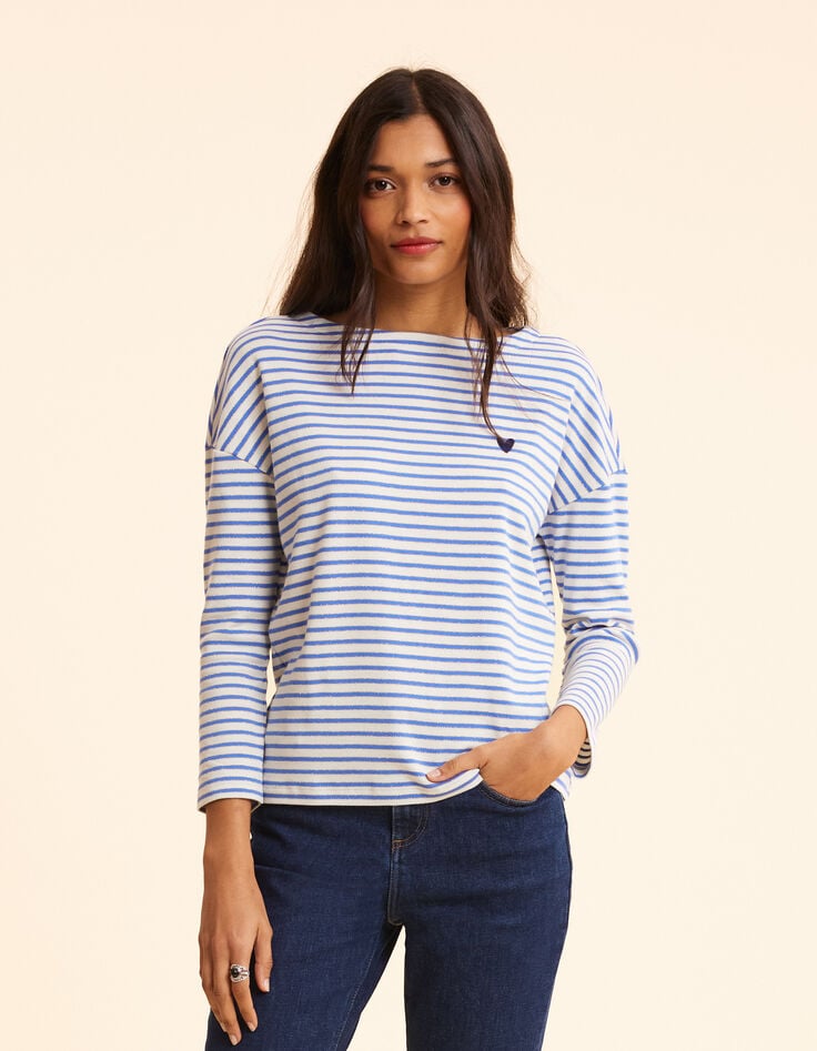 Ikks Marinière Rayures Bleues Et Argentées Broderie Cœur I.Code