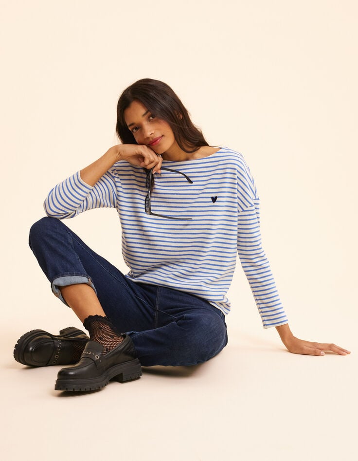 ikks Marinière rayures bleues et argentées broderie cœur I.Code