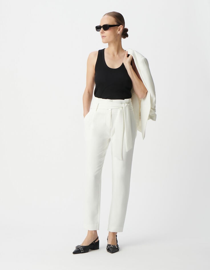 Ikks Pantalon Blanc Recyclé Taille Haute Ceinturée Femme