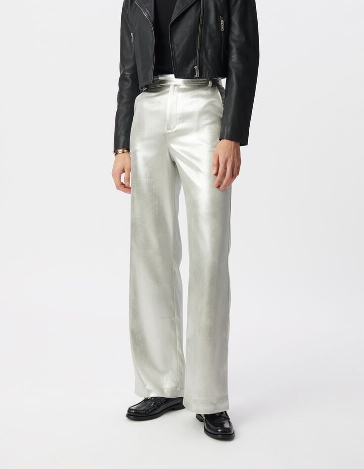 Ikks Pantalon De Costume Flare Argenté Enduit Femme