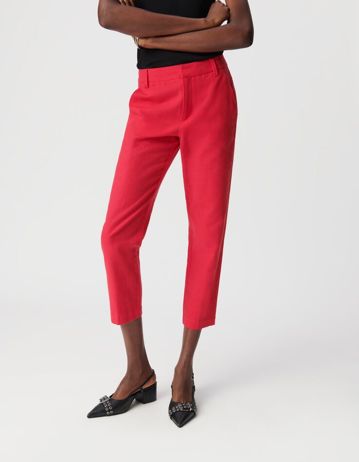 Ikks Pantalon De Costume Rouge Lin Et Coton 7/8e Femme