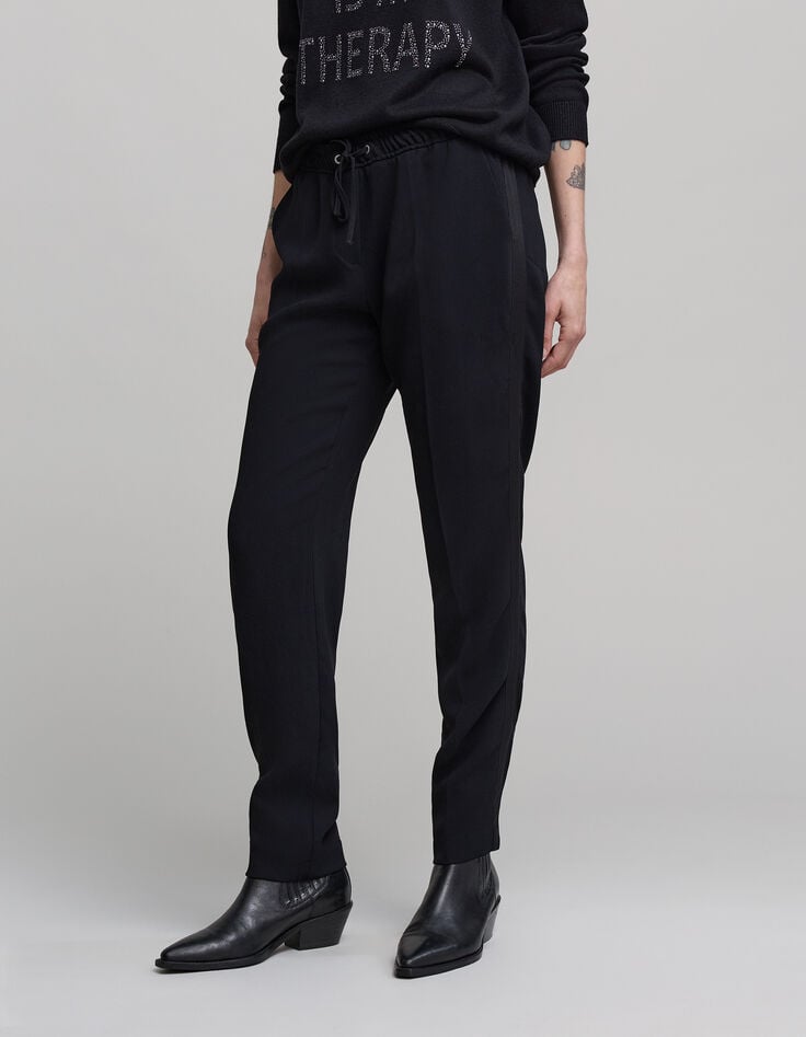 Ikks Pantalon Droit Noir En Crêpe Avec Ceinture élastique Pour Femme