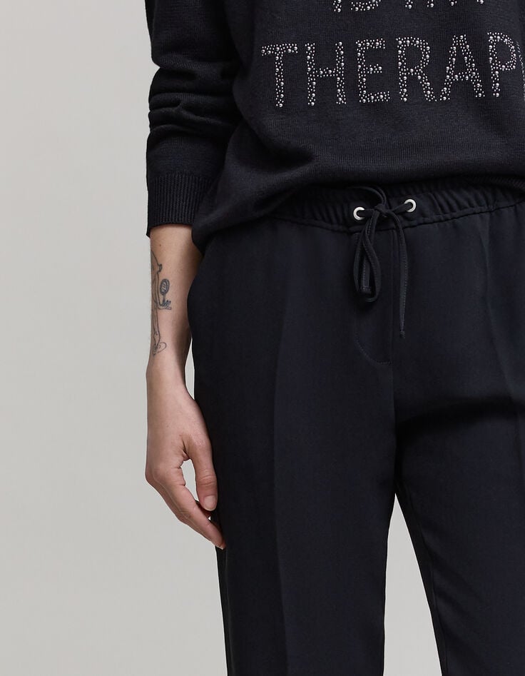 Ikks Pantalon Droit Noir En Crêpe Avec Ceinture élastique Pour Femme