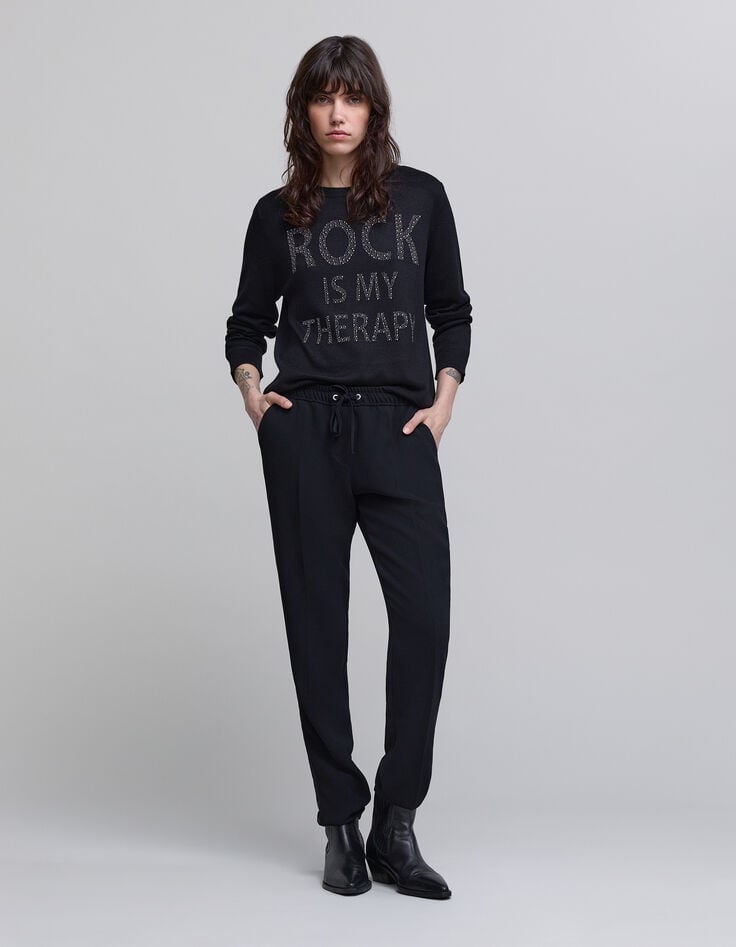 ikks Pantalon droit noir en crêpe avec ceinture élastique pour femme