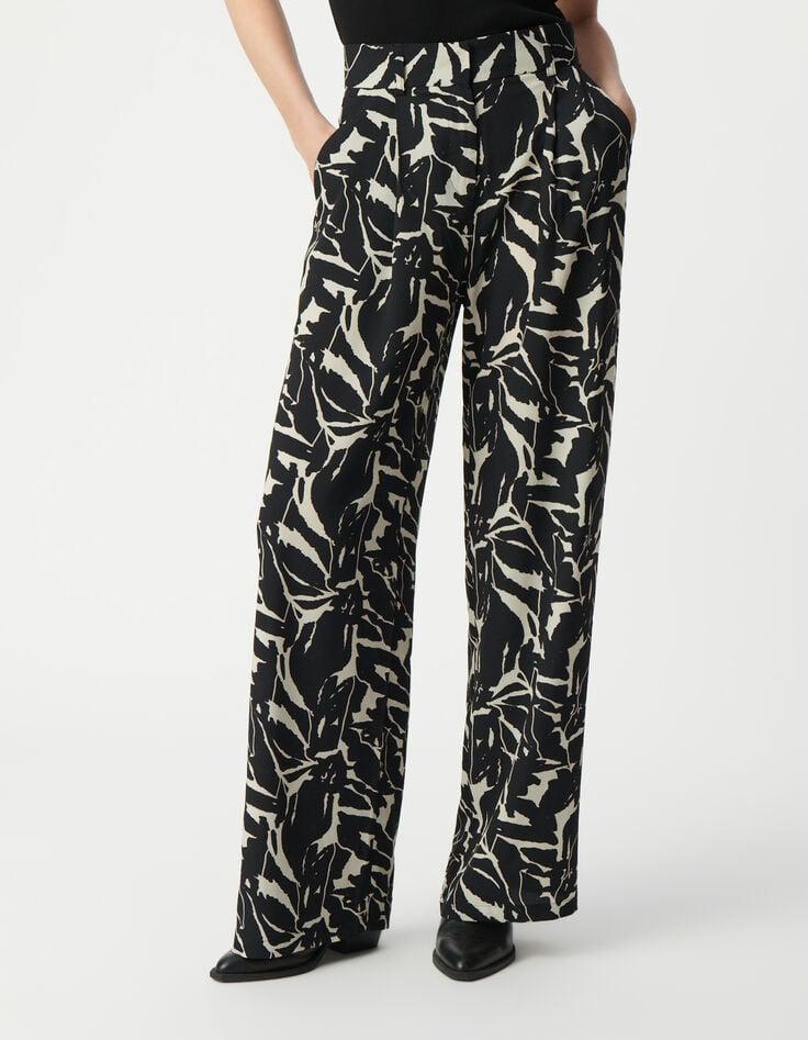 Ikks Pantalon Fluide Noir Imprimé Fleurs Zébré Femme