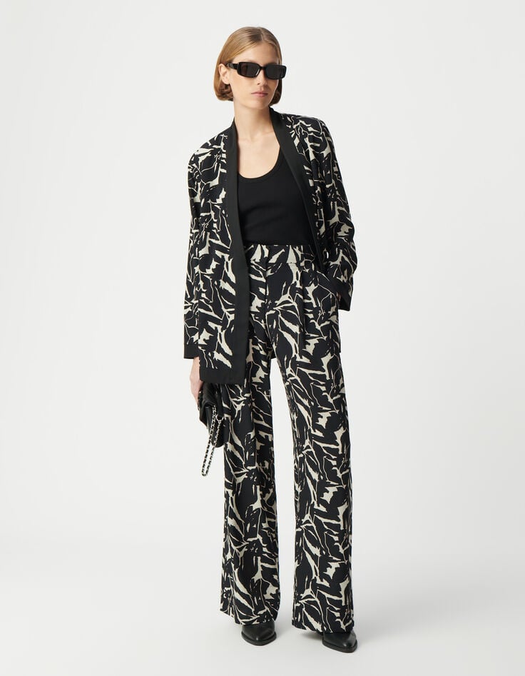 ikks Pantalon fluide noir imprimé fleurs zébré Femme