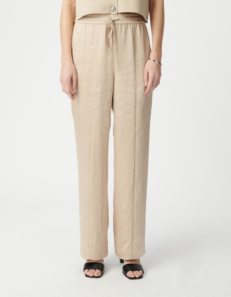 Ikks Pantalon Large Beige Polyester Recyclé Taille élastiquée Femme