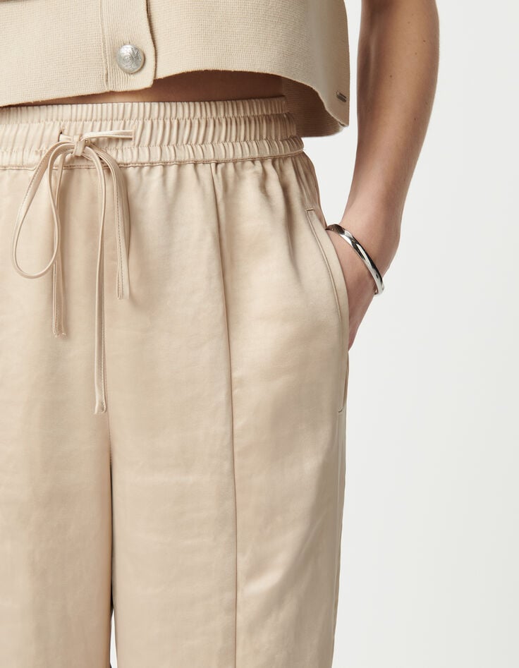 Ikks Pantalon Large Beige Polyester Recyclé Taille élastiquée Femme