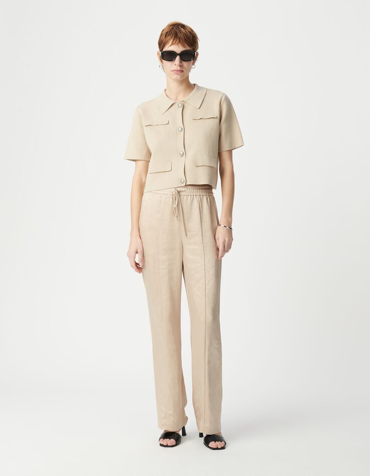 ikks Pantalon large beige polyester recyclé taille élastiquée Femme