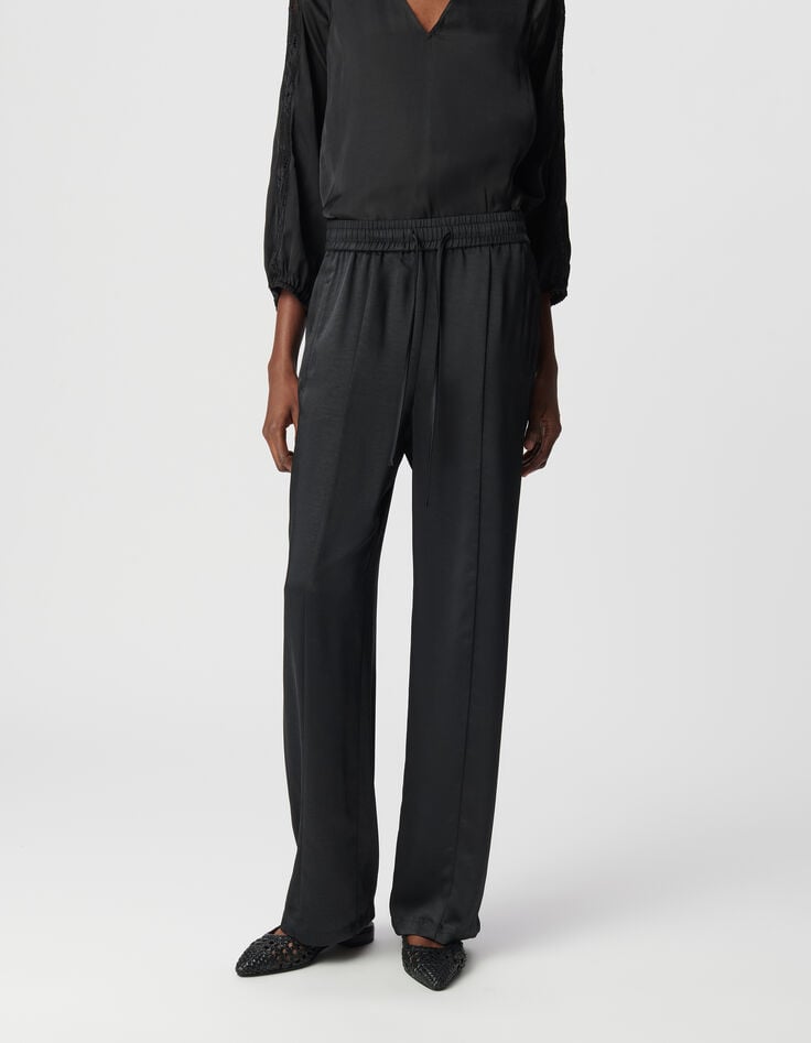 Ikks Pantalon Large Noir Polyester Recyclé Taille élastiquée Femme