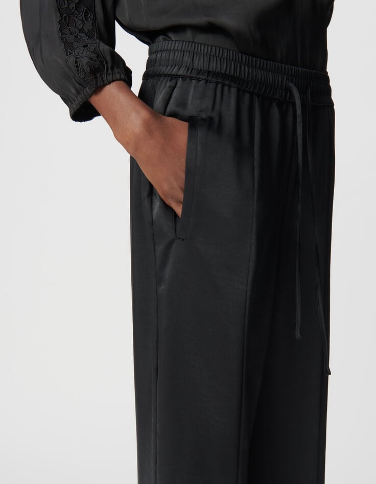 Ikks Pantalon Large Noir Polyester Recyclé Taille élastiquée Femme