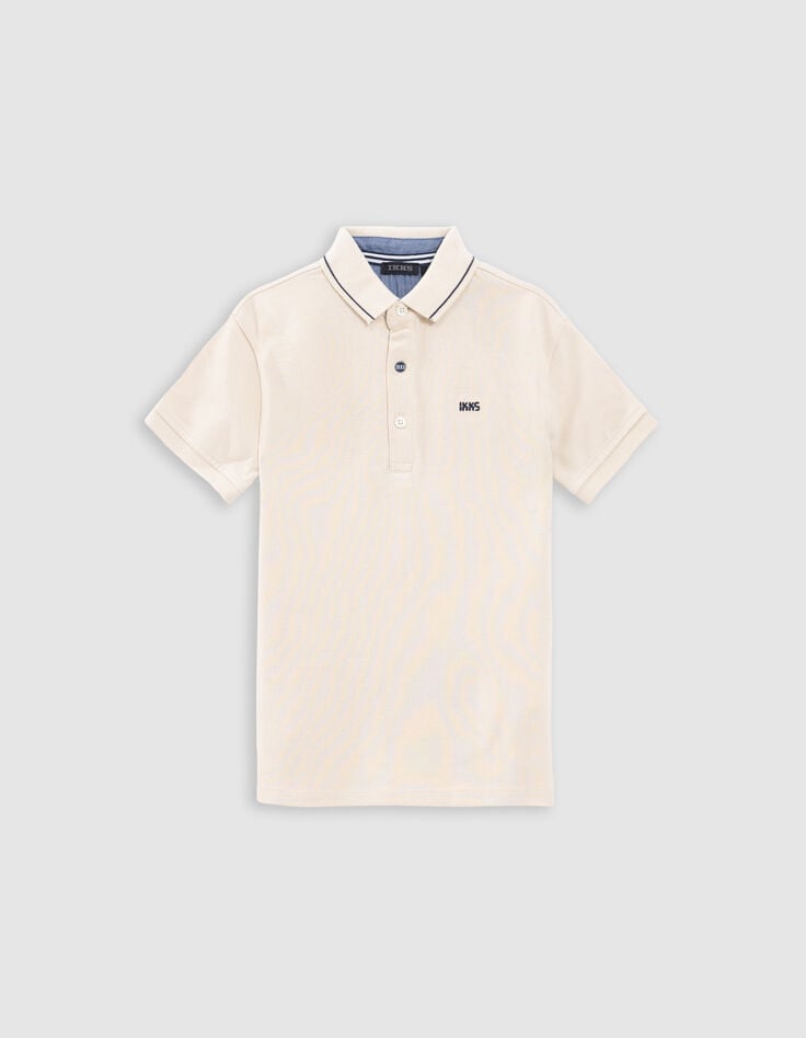 Ikks Polo Beige Coton Bio Bord-côtes Rayé Col Garçon