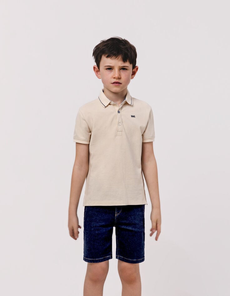 ikks Polo beige coton bio bord-côtes rayé col garçon