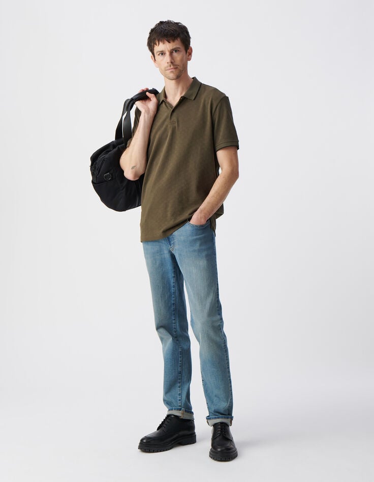 Ikks Polo Kaki Coton Bio Maille Jacquard Relief Damier Homme