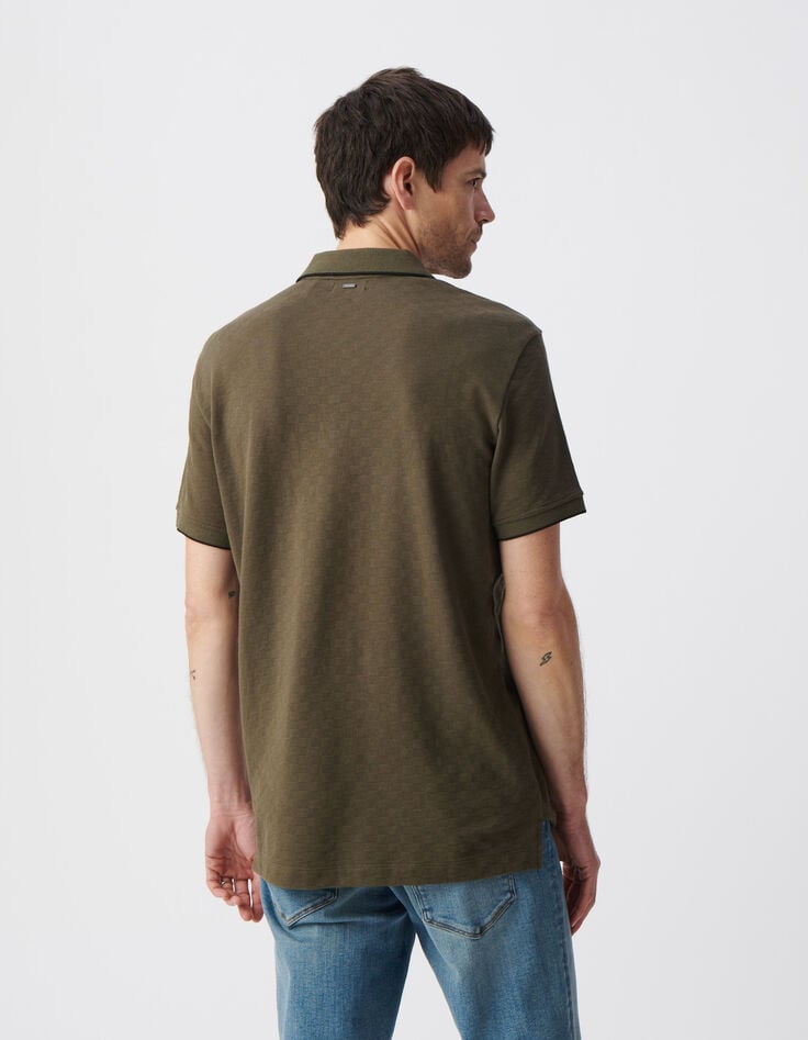 Ikks Polo Kaki Coton Bio Maille Jacquard Relief Damier Homme