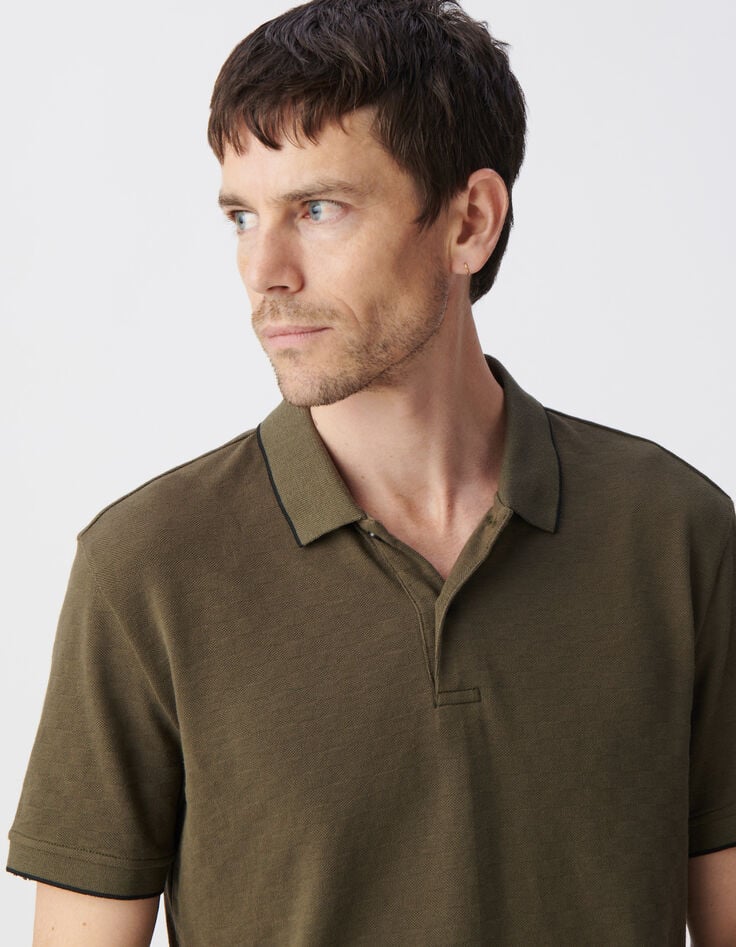 Ikks Polo Kaki Coton Bio Maille Jacquard Relief Damier Homme