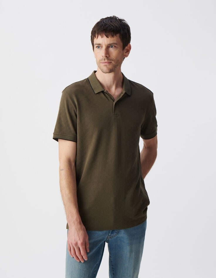 ikks Polo kaki coton bio maille jacquard relief damier Homme