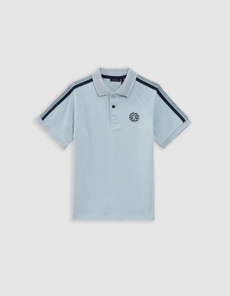ikks Polo vert d'eau coton bio bandes rayées épaules garçon