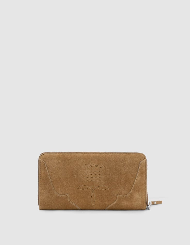 Ikks Portefeuille 1440 Camel Cuir Velours Surpiqûres Femme