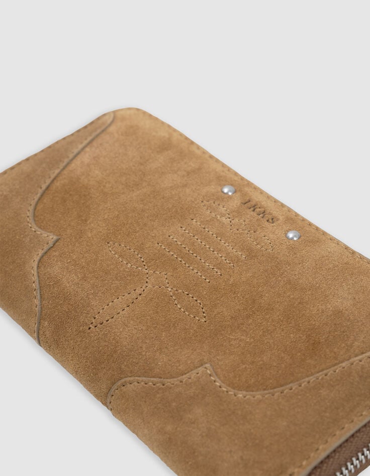 Ikks Portefeuille 1440 Camel Cuir Velours Surpiqûres Femme