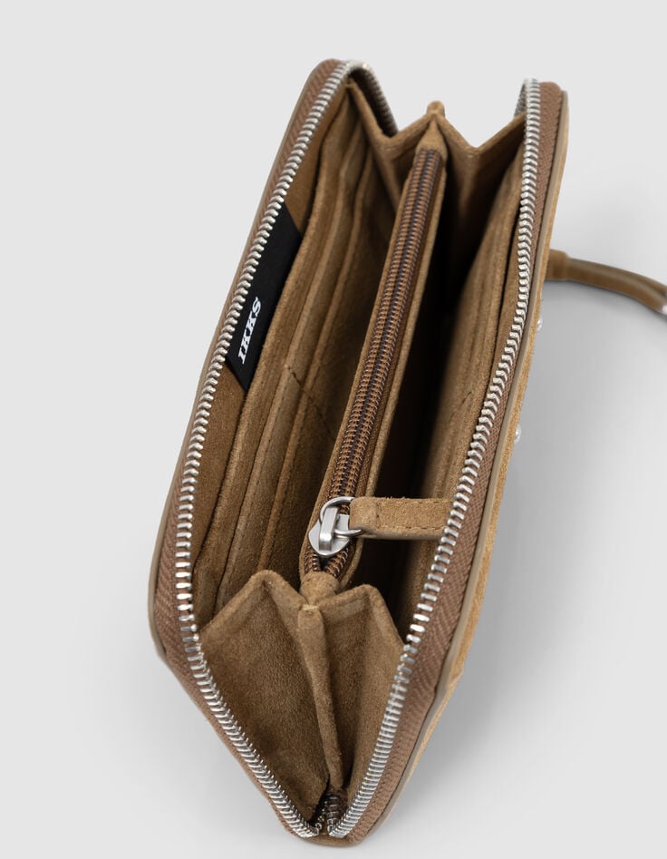 Ikks Portefeuille 1440 Camel Cuir Velours Surpiqûres Femme