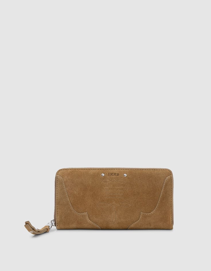 ikks Portefeuille 1440 camel cuir velours surpiqûres Femme