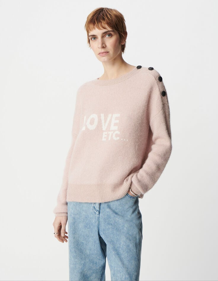 Ikks Pull Alpaga Mélangé Rose Jacquard Message Et Boutons Femme