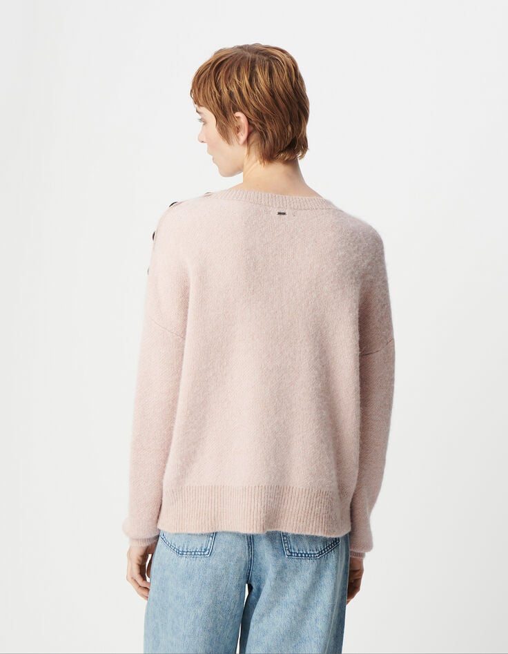 Ikks Pull Alpaga Mélangé Rose Jacquard Message Et Boutons Femme