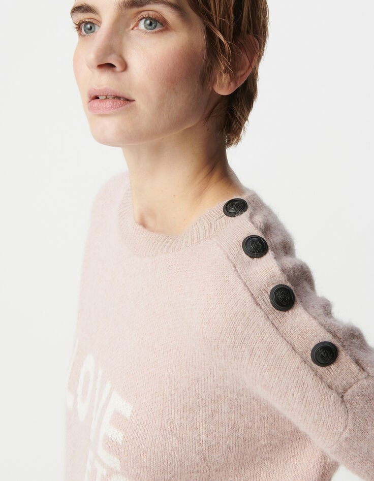 Ikks Pull Alpaga Mélangé Rose Jacquard Message Et Boutons Femme