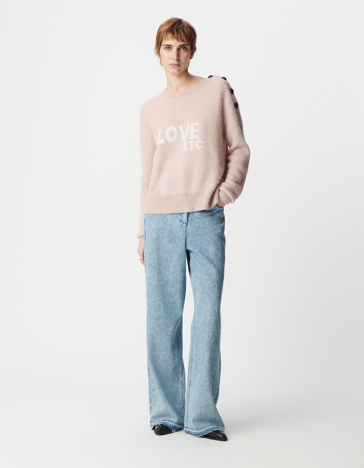 ikks Pull alpaga mélangé rose jacquard message et boutons Femme