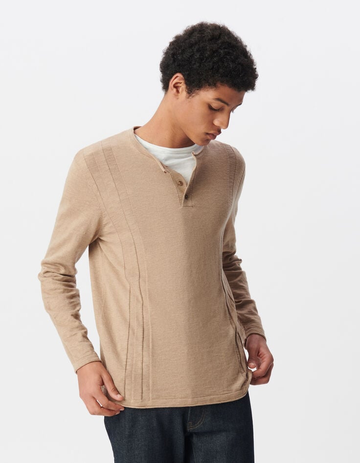 Ikks Pull Beige Coton Bio Tricot Fin Col Tunisien Homme