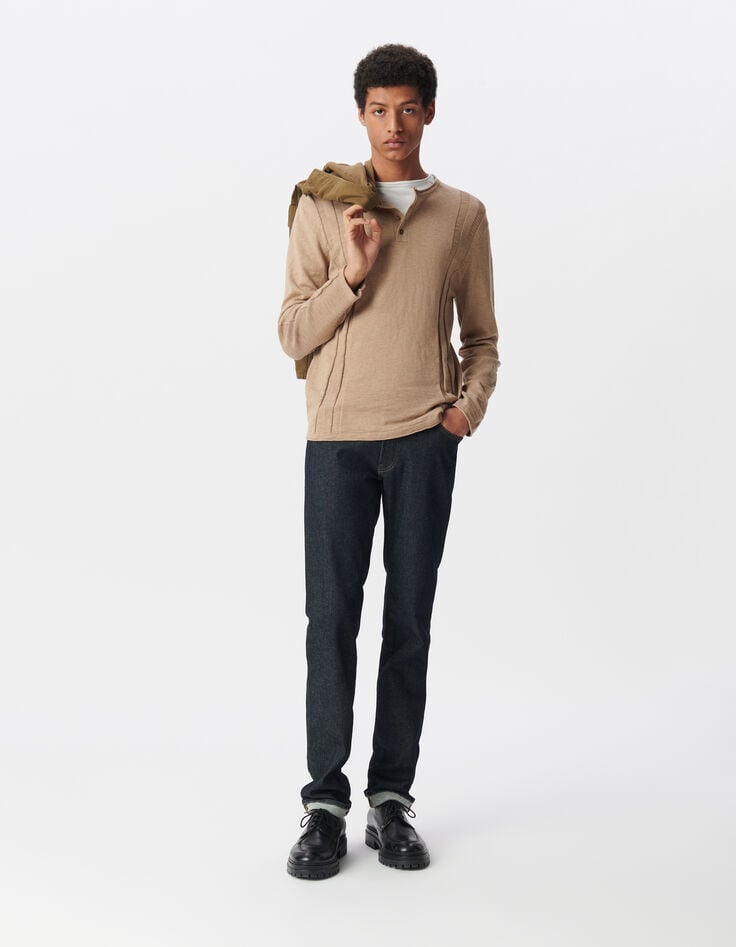 ikks Pull beige coton bio tricot fin col tunisien Homme