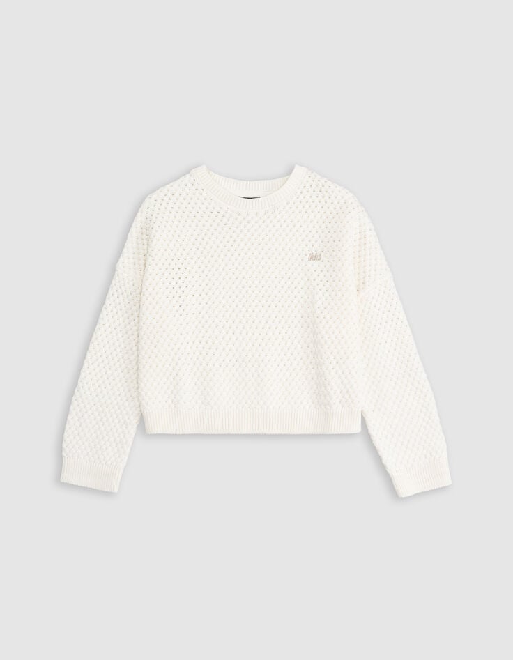 Ikks Pull Blanc Coton Bio Tricot Fantaisie Relief Fille