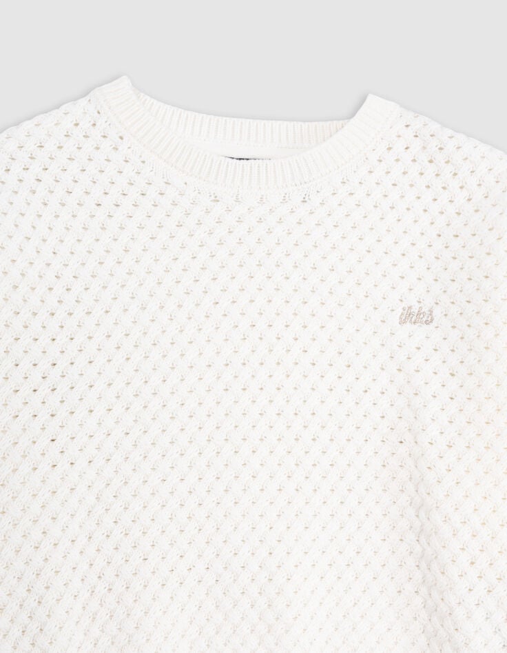 Ikks Pull Blanc Coton Bio Tricot Fantaisie Relief Fille