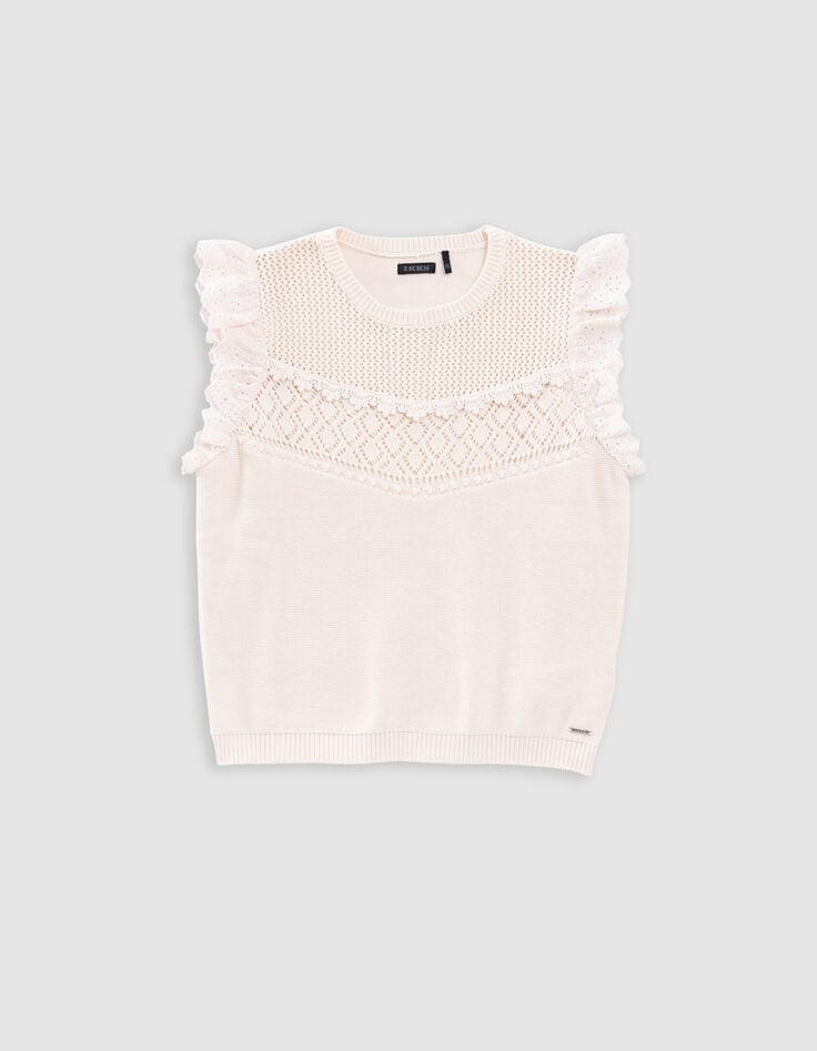 Ikks Pull écru Tricot Dentelle Et Volants Brodés Fille