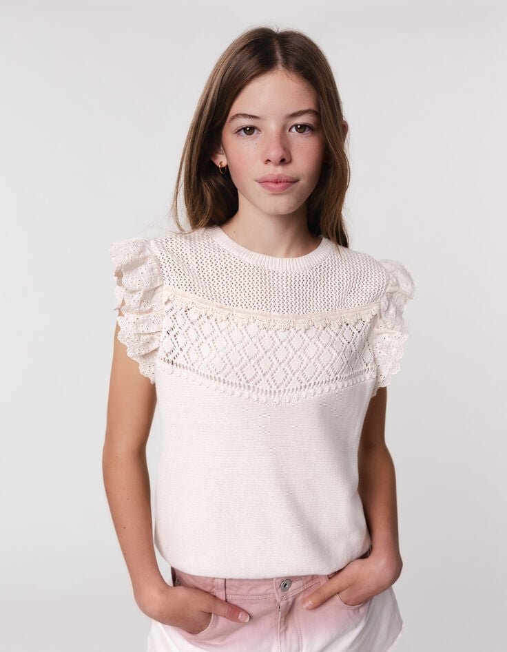 ikks Pull écru tricot dentelle et volants brodés fille