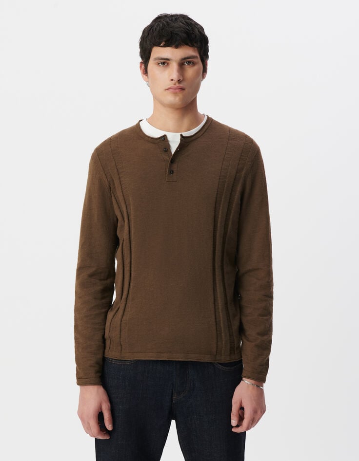 Ikks Pull Kaki Coton Bio Tricot Fin Col Tunisien Homme