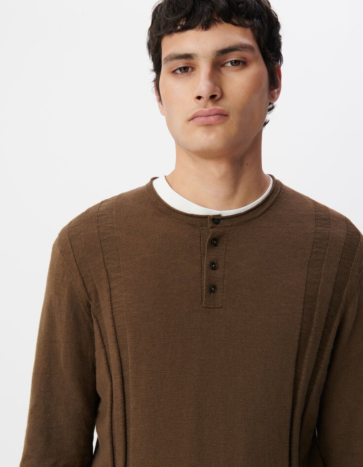 Ikks Pull Kaki Coton Bio Tricot Fin Col Tunisien Homme